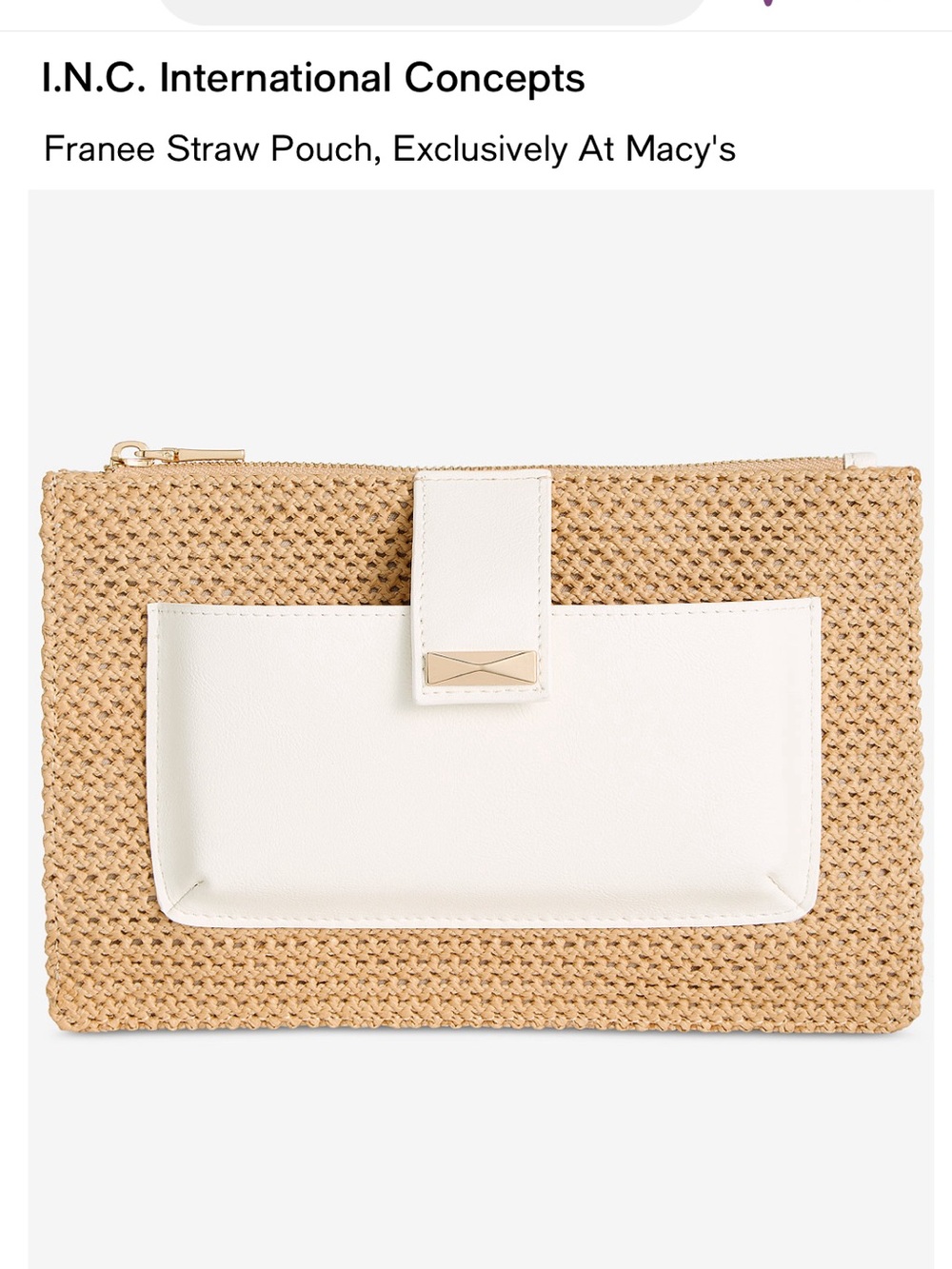 INC International Concepts Natural Straw Pouch/Clutch w/White Pocket, Card slots